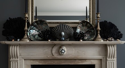Elegant Mantelpiece Decor with Seashells, Pearls, Black Coral, and Gold Candlesticks Reflecting in a Mirror, Creating a Sophisticated Interior Design Element, Home Decor