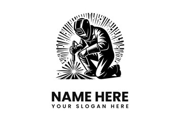 A kneeling welder, intensely focused, sparks flying, creating a strong, graphic logo design.