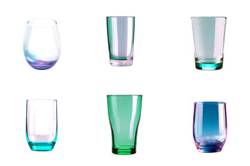 Set of glass cups on transparent background, six different shapes, colorful reflections, modern minimalist design, isolated, empty drinkware, collection for beverages, clean lines, stylish kitchen acc