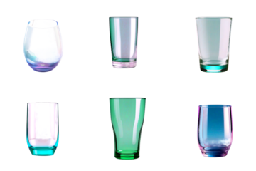 Set of glass cups on transparent background, six different shapes, colorful reflections, modern minimalist design, isolated, empty drinkware, collection for beverages, clean lines, stylish kitchen acc