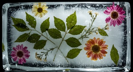 Close-up of a block of ice with frozen flowers and leaves, showcasing a beautiful arrangement of colorful daisies and green foliage encased in transparent crystal-clear ice, on a black background.