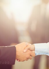 Cropped image of businesswoman and businessman shaking hands with bright light in background