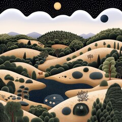 Fototapeta premium Nocturnal Landscape with Sun Moon and Stars Over Rolling Hills and Lake