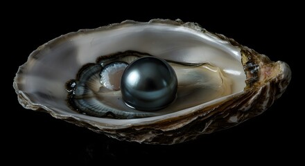 Stunning Studio Shot of a Black Pearl Resting Inside an Oyster Shell on a Black Background, High-Quality Close-Up of a Rare Gemstone, Symbol of Luxury and Treasure, Elegant and Sophisticated.