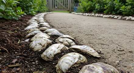 Oyster Shell Pathway Border in a Garden, Decorative Gravel Path with Oyster Shells, Decorative Garden Design, Natural Landscaping, Peaceful and Serene Scene, Exterior Garden Design, Perspective Shot