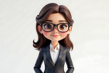 Cartoon Woman in Business Attire: A 3D Character Portrait with Glasses and Professional Style on a Clean, Minimal Background.                         