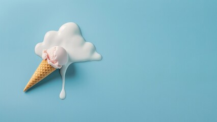 Melted ice cream scoop and waffle cone on a blue background, indicating hot summer weather for a refreshing treat.