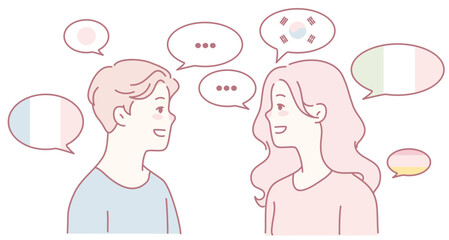 An engaging illustration of two people in a language exchange, promoting cultural understanding and appreciation