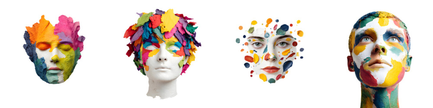 Faces Covered in Colorful Paint on White Background
