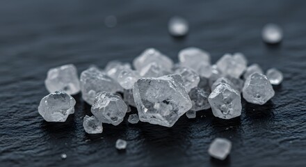 Macro shot of coarse sea salt crystals on a dark slate surface, showcasing texture and detail, perfect for culinary and food-related concepts, emphasizing natural elements.