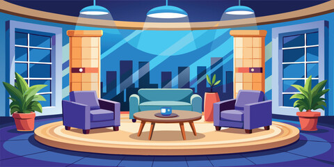 Modern television talk show set with purple chairs
