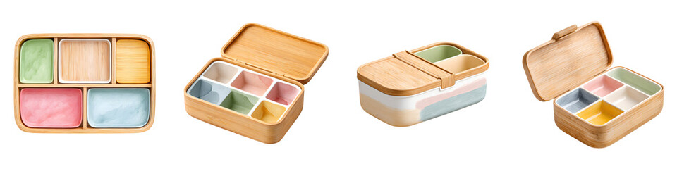 Wooden Bento Box Collection on White Background