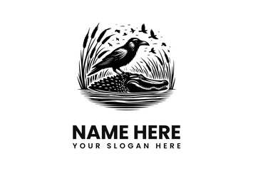 A raven perched on a crocodile in water, surrounded by reeds and flying birds.