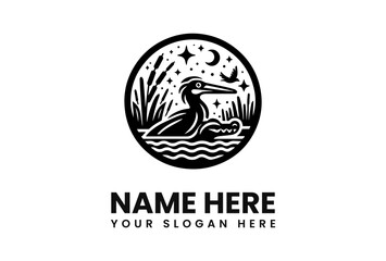 A stylized logo depicting a bird swimming in water under a starry, moonlit sky, surrounded by reeds.