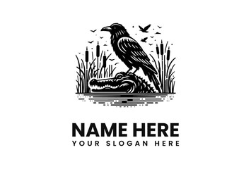 A stylized graphic design of a crow perched on a crocodile, set within a marsh environment.