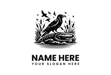 A raven perched on an alligator amidst reeds, with birds flying overhead in a black and white illustration.