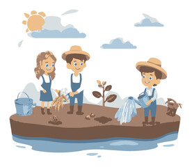 Cartoon Vector of Children Farming on an Island with Sun and Clouds