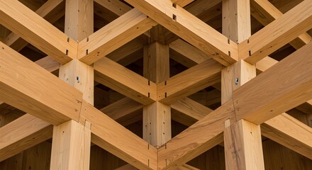 Close-up of intricate wooden framework construction, showcasing geometric patterns, joinery details, and the texture of natural wood, perfect for architectural or design concepts.