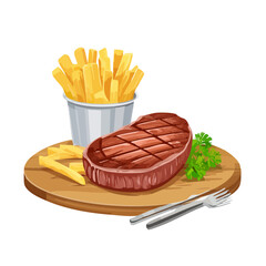 Grilled Steak with French Fries and Parsley on a Wooden Board