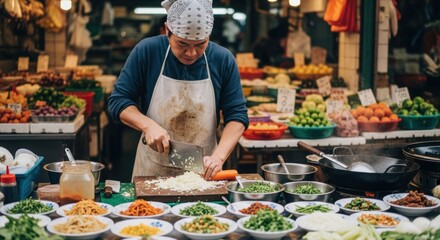 Asian male chef preparing vegetables in vibrant market setting