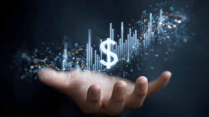 business graph with dollar symbol, investment app interface floating above hand with sparkles and dollar graph