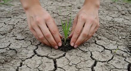 Human hands carefully tending to a small green plant struggling to grow in dry, cracked earth, symbolizing environmental protection, conservation, and the hope for new life and resilience.