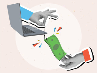 One hand stretches a green dollar bill on a fishing hook from a laptop monitor to another hand. Concept of scam. Modern photo collage style. Vector illustration