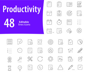 Productivity Line Icons, Task List, Time Management, Focus Mode, Calendar, Goal Setting, Editable Formats: AI, EPS, PNG, JPG, Ideal for Both Digital and Print Use
