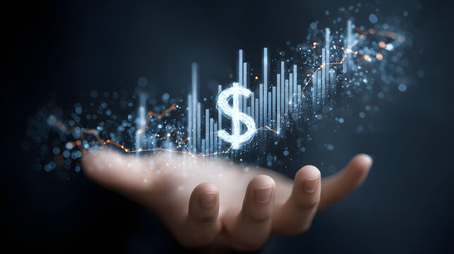 business graph with dollar symbol, investment app interface floating above hand with sparkles and dollar graph