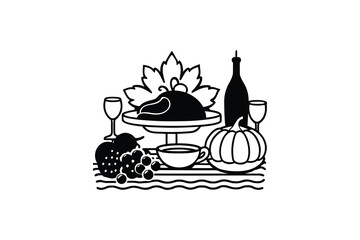 Thanksgiving Feast Still Life with Turkey and Pumpkin Silhouette