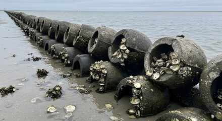 Coastal Erosion Barrier with Oyster Growth: Concrete Breakwater Structures on the Shoreline, Covered in Oysters, Protecting the Coastline from Waves and Storms, Environment, Sea, Ocean