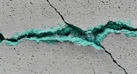 Close-up of a cracked concrete surface revealing vibrant turquoise mineral deposits and crystal formations within the fracture, highlighting the beauty of natural geological processes.