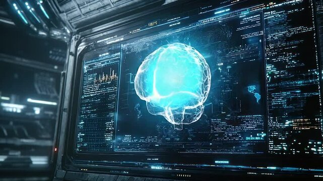 Futuristic interface displays a glowing brain scan within a digital environment - Powered by Adobe