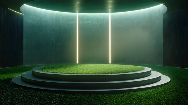universal grass stadium illuminated by spotlights and empty green grass playground, grand sport building digital 3D background