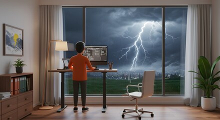 Programmer working from home during a thunderstorm, coding on computer with lightning flashing outside the window, visualizing the power of technology and nature's force.