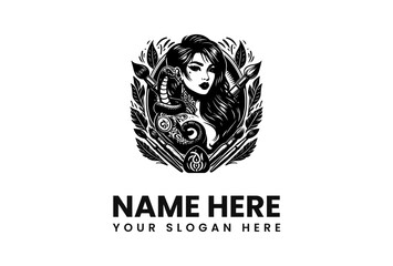 Elegant black and white logo featuring a woman, brushes, and decorative elements.