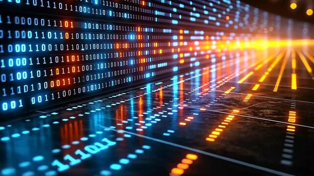 Digital binary code abstract background with glowing neon light effect