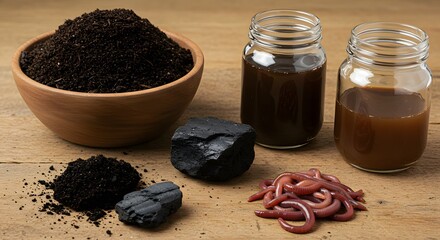 Organic Gardening and Composting: Soil, Compost, Worms, and Biochar on a Wooden Table, Demonstrating Natural Soil Enrichment and Sustainable Gardening Techniques.