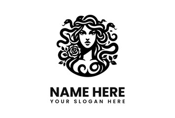 A stylized black and white illustration of Medusa's head with snakes, roses, and text.