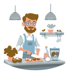 Cartoon man chopping vegetables in a kitchen with modern decor and style