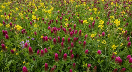 Vibrant field of crimson clover and yellow wildflowers in full bloom, showcasing a natural and colorful landscape with diverse flora, perfect for nature and botanical themes.