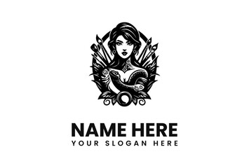 Illustration of a woman with snakes and crossed swords, in a black and white graphic design.