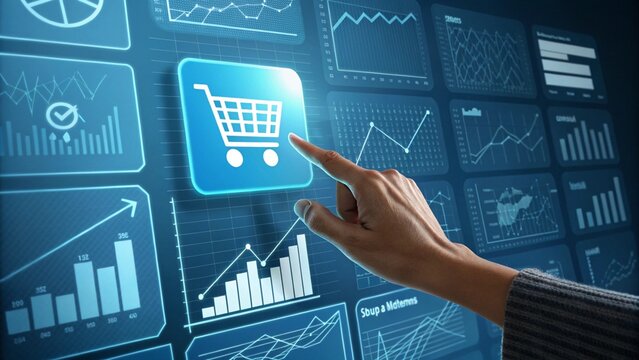 Hand touches a shopping cart icon on a digital interface surrounded by business analytics and financial data charts.