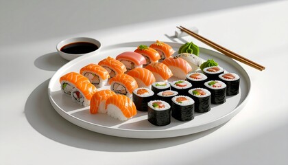 A platter of assorted sushi, including maki and uramaki rolls, served with soy sauce and chopsticks.