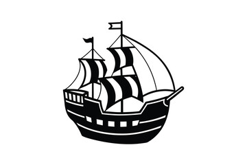 Black and White Sailing Ship Illustration in Silhouette Style