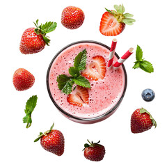 
a glass with a strawberries and black berry flavoured smoothie.top view