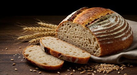 Artisan Bread: A freshly baked loaf of artisan bread, its crust a rich golden brown, alongside a pile of golden wheat and a slice on a wooden table, showcasing its inviting texture and aroma.