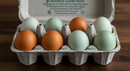 Fresh Farm Eggs in a Carton: Close-up of a Variety of Colored Eggs, including Brown, Blue, and Green Eggs, in a Paperboard Egg Container on a Wooden Surface, Healthy Food Concept.