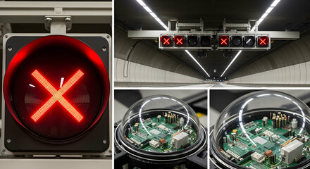 Tunnel Traffic Management System Displaying Restricted Lanes And Technological Infrastructure