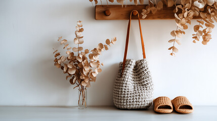 A boho summer outfit display featuring a knitted bag, wooden hanger, and a pair of woven slippers. Dried eucalyptus branches add a natural touch.